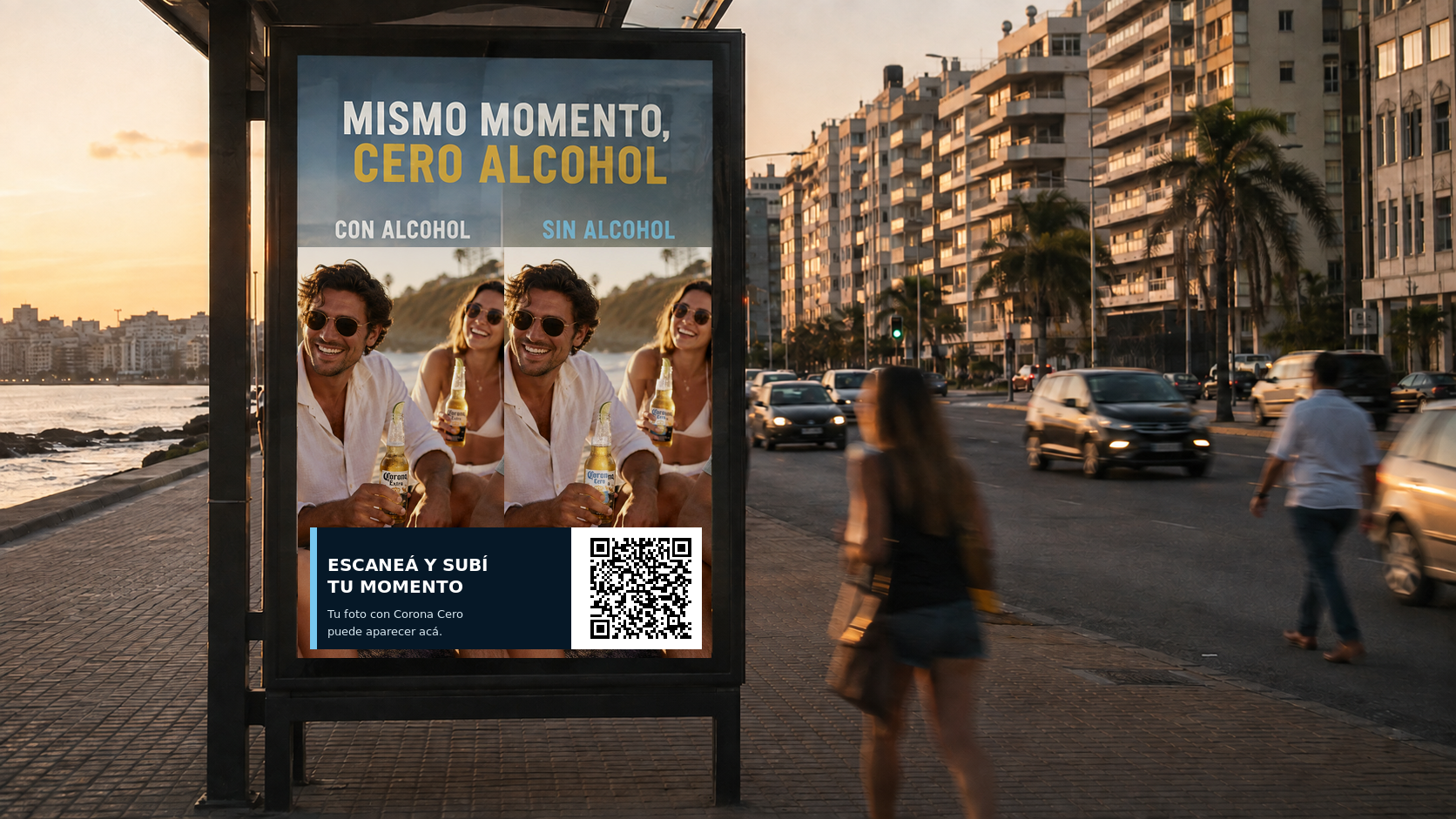 Mupi de Corona Cero en la Rambla de Montevideo durante el día, con alcohol y sin alcohol y QR para participar