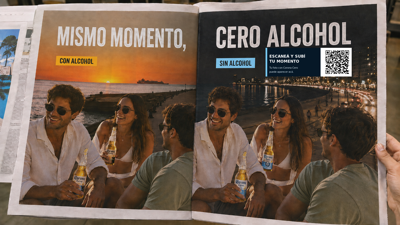 Doble página de diario o suplemento de Corona Cero con las versiones con alcohol y sin alcohol y QR para participar