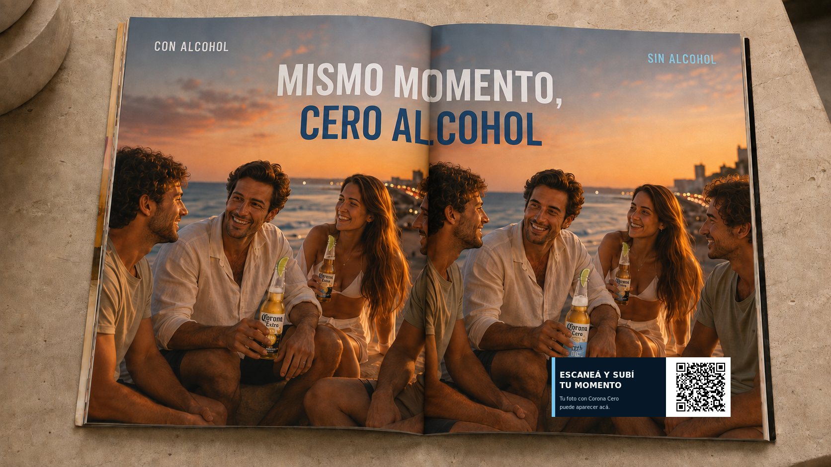 Doble página de revista de Corona Cero con las versiones con alcohol y sin alcohol y QR para participar
